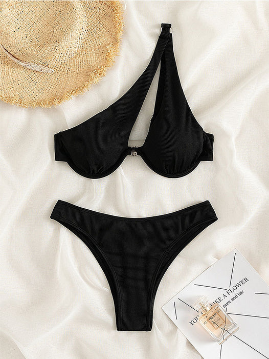 Color-Black-One Shoulder Small Sunken Stripe Steel Bracket Printed Sexy Bikini Swimsuit Bikini-Fancey Boutique