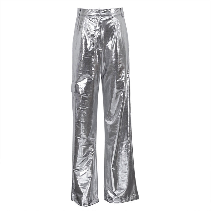 Color-Silver-Metallic Coated Fabric Women Clothing Spring Pocket High Waist Faux Leather Pants Women Candy Color Casual Trousers-Fancey Boutique