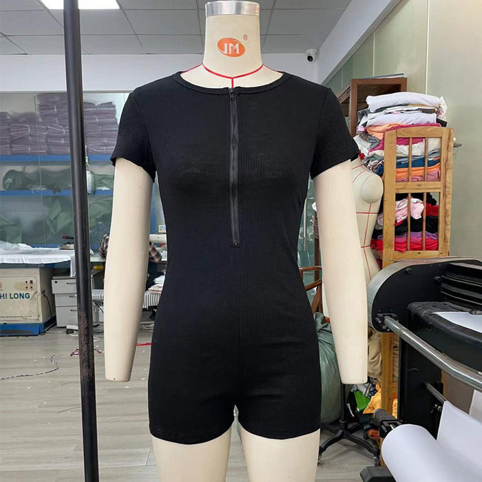 Women Jumpsuit Short Sleeve Knitted Slim Fit Zipper Hip-Black-Fancey Boutique