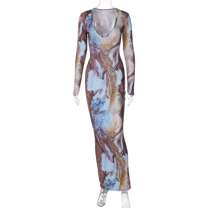 Color-Multi-Women Clothing Autumn Winter Multi Color Printed Sexy V neck Tight Waist Slimming Maxi Dress-Fancey Boutique