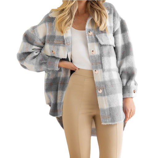 Color-Gray-Autumn Winter Women Plaid Mohair Coat Woolen Thick Coat-Fancey Boutique