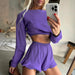 Color-Purple-Autumn Solid Color Slim Fit Cropped Breathable Loose Outer Wear Long Sleeve Shorts Pajamas Two Piece Home Wear-Fancey Boutique