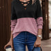 Color-Black Pink-Autumn Winter V Neck Cross Color Contrast Patchwork Drop Shoulder Sleeve Casual T Women Top-Fancey Boutique