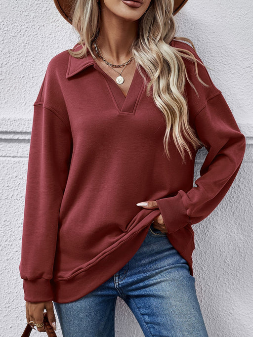 Color-Burgundy-Women Clothing Autumn Winter Winter Polo Collar Long Sleeve Loose Fitting Fleece Pullover Women-Fancey Boutique