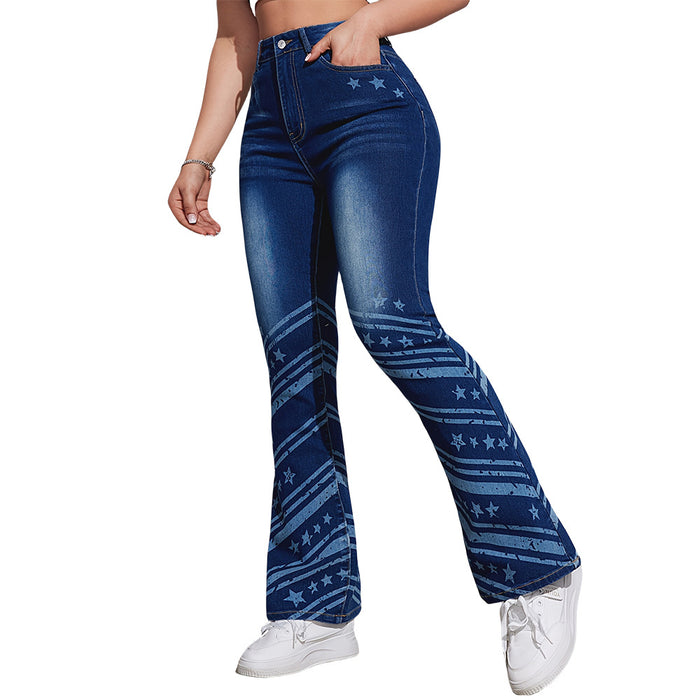 Weila Jeans Spring Summer Women Denim Mid High Stretch Printed Casual Trousers Bell Bottom Pants-Fancey Boutique