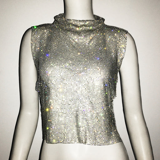 Color-Silver-Women's Clothing Full Diamond Vest Luxury Turtleneck Rhinestone Top Sexy Nightclub Sexy Vest-Fancey Boutique