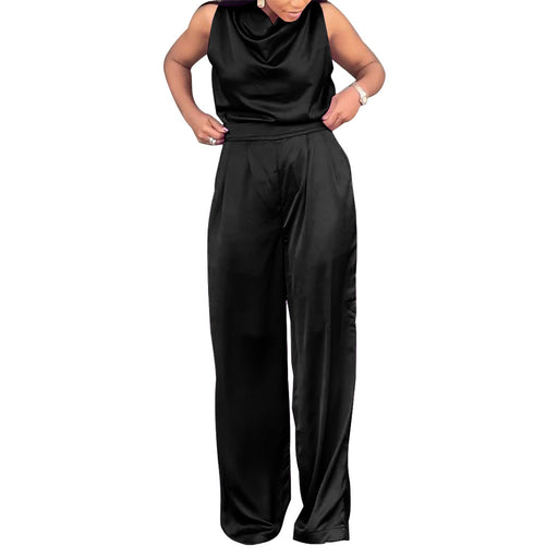 Women Wear Women Pants Swing Collar Sleeveless Waist Trimming Casual Sets-Black-Fancey Boutique