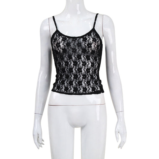 Color-Black-Sexy Lace See through Top Women Clothing Summer Slim Fit Sexy Small Sling Vest Women-Fancey Boutique