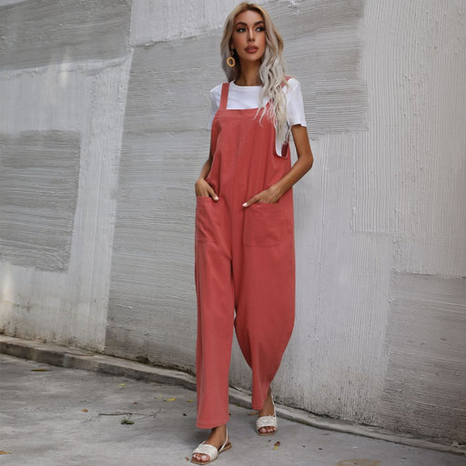 Color-Rosewood Color-Summer Trendy Cotton Linen Solid Color Sleeveless Sling Jumpsuit for Women-Fancey Boutique
