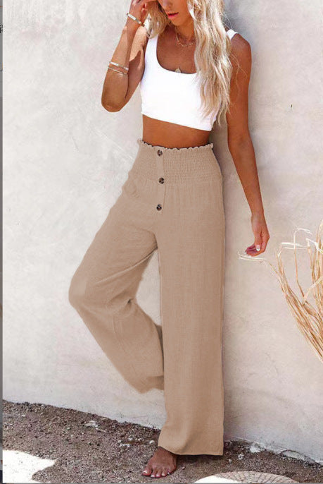 Color-Light khaki-Women Clothing High Waist Loose Long Cotton Linen Wide Leg Pants Elastic Loose Casual Wide Leg Women-Fancey Boutique