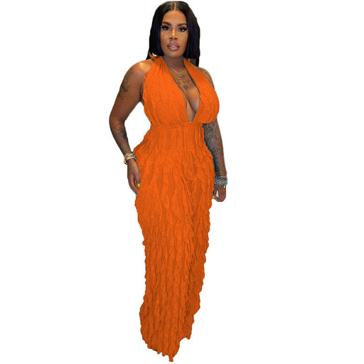 Color-Orange-Women Clothing Spring Summer Wave Pattern Sexy Bandeau High Waist Jumpsuit-Fancey Boutique