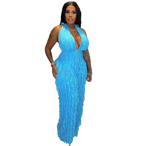 Color-skyblue-Women Clothing Spring Summer Wave Pattern Sexy Bandeau High Waist Jumpsuit-Fancey Boutique