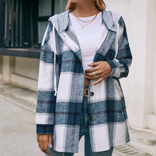 Color-Blue-Plaid Shirt Hooded Loose Casual Shacket Jacket Outerwear-Fancey Boutique