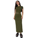 Summer Solid Color Round Neck Short Sleeve Top Women Casual Skirt Set-Army Green-Fancey Boutique