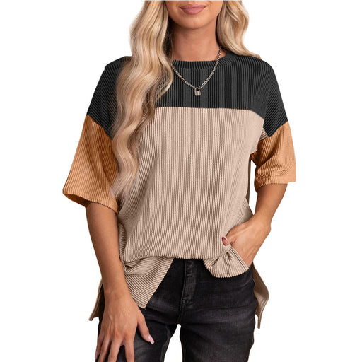 Spring Summer round Neck Wave Jacquard Color Matching Short Sleeve Loose T shirt Women-Black-Fancey Boutique