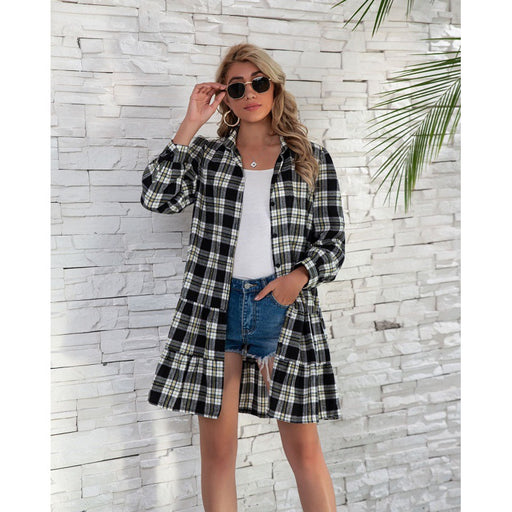 Color-Black-Spring Summer Tiered Dress Plaid Shirt Long Sleeve Single Breasted Women Clothing-Fancey Boutique