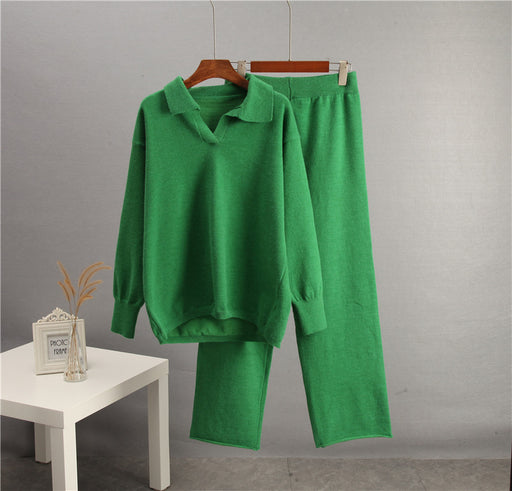 Autumn Winter Solid Color Flip Collar Sweater Women Loose Knitted Polo Collar Collar Sweater Wide Leg Pants Two Piece Set-Green-Fancey Boutique