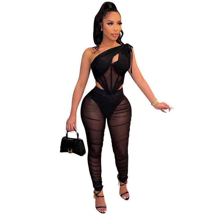 Color-Black-Women Clothing Sexy Mesh See-through Irregular Asymmetric Top Two-Piece Set-Fancey Boutique