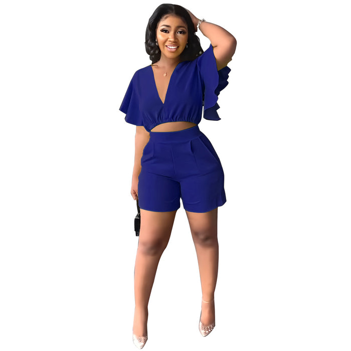 Color-Navy Blue-Ruffled Short V neck Top Casual Shorts Summer Two Piece Set-Fancey Boutique