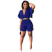 Color-Navy Blue-Ruffled Short V neck Top Casual Shorts Summer Two Piece Set-Fancey Boutique