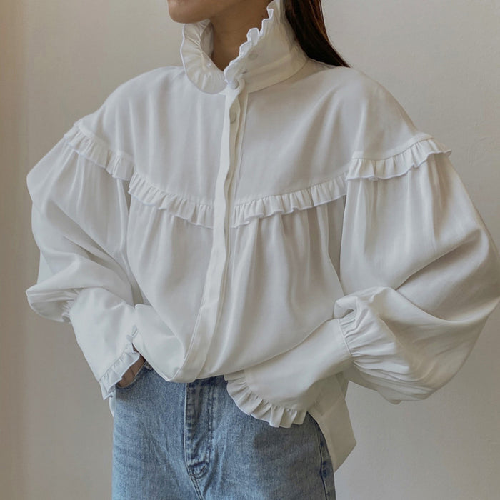 Women Clothing Early Spring Shirt Women French Collared Lantern Sleeve Lace Design Loose White Shirt-Fancey Boutique