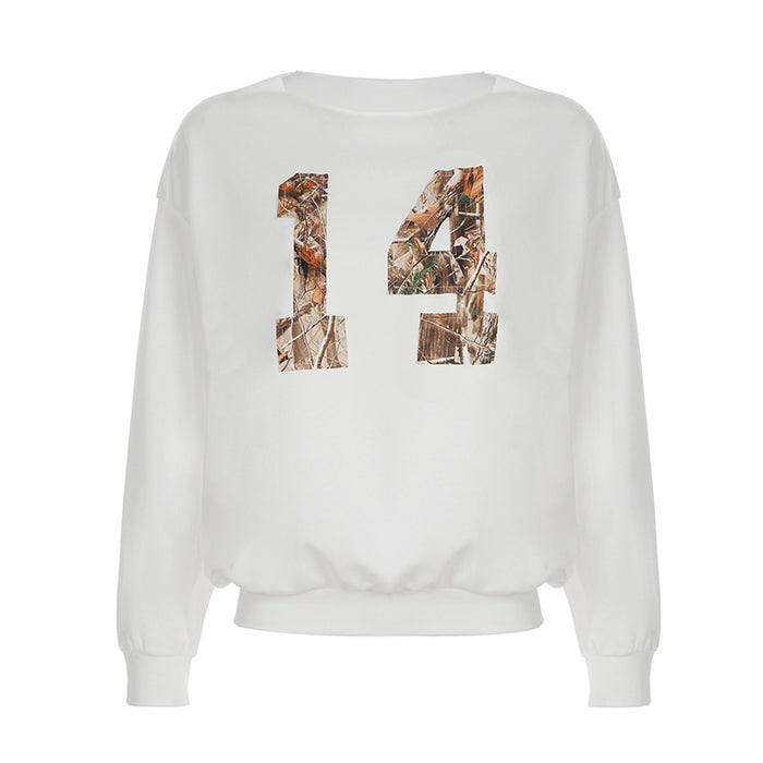 Tree Print Digital Patch Loose Sweater Sexy Street Cool round Neck Lazy Casual Top-White-Fancey Boutique