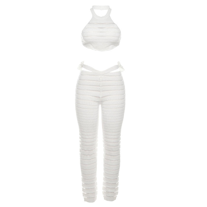 Color-White-Women Clothing Autumn Lace up Halter Backless Sexy Knitted Vest High Waist Trousers Set-Fancey Boutique