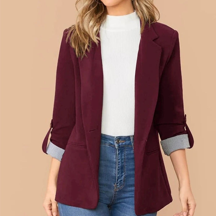 Color-Burgundy-Fall Winter Stitching Collared Slim Fit Graceful Blazer Outerwear-Fancey Boutique