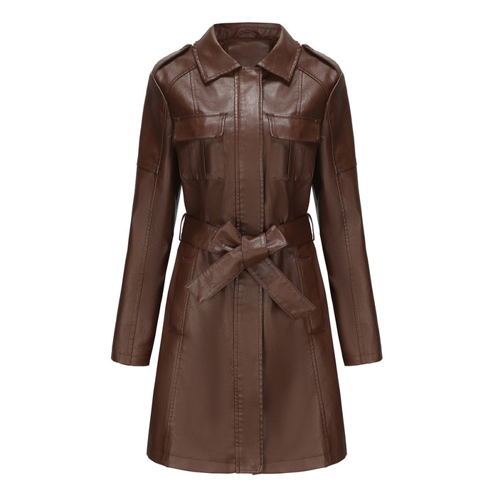 Color-Coffee-Mid Length Leather Coat With Belt Spring Autumn Long Sleeve Leather Wind Coat British Coat Women-Fancey Boutique