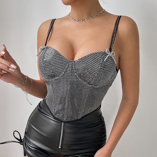 Summer Silver Sequined Diamond Slimming Bow Breasted Diamond Shoulder Strap Steel Ring Boning Corset Vest-Fancey Boutique