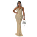Color-Apricot-Women Hip Oblique Shoulder Strap Sexy Perspective Rhinestone Evening Dress-Fancey Boutique