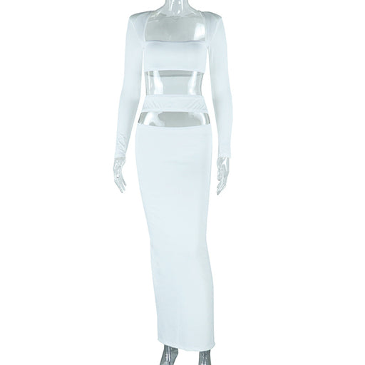 Color-White-Women Solid Color Fashionable Elegant Top Long Sleeve Skirt Set Two Piece Set-Fancey Boutique
