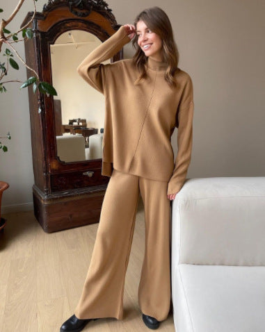 Color-Khaki Suit-Loose Casual Sweater Top Trousers Set-Fancey Boutique