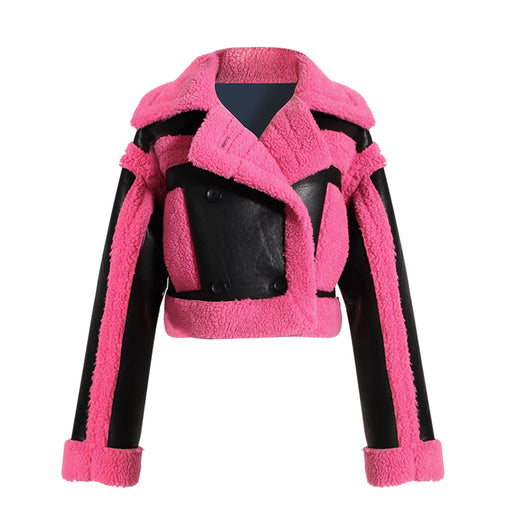 Color-Coral Red-Big Collared Motorcycle Jacket Pink Contrast Color Faux Fur Fur Jacket-Fancey Boutique