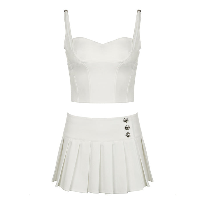 Solid Color Sexy Casual Two Piece Set Vest Camisole Button Pleated Skirt Outer Wear Street Sports Set-White-Fancey Boutique