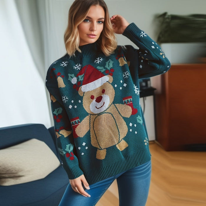 Color-Green-Year Christmas Sweater Half High Collar Long Sleeves Cartoon Cute Snowflake Bear Pattern Pullover Women-Fancey Boutique