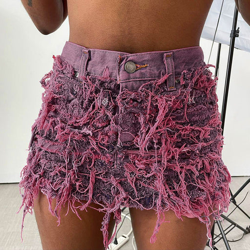 Color-Purple-Women Clothing Summer Bright Tassel Tight Stretch Free Denim Skirt-Fancey Boutique