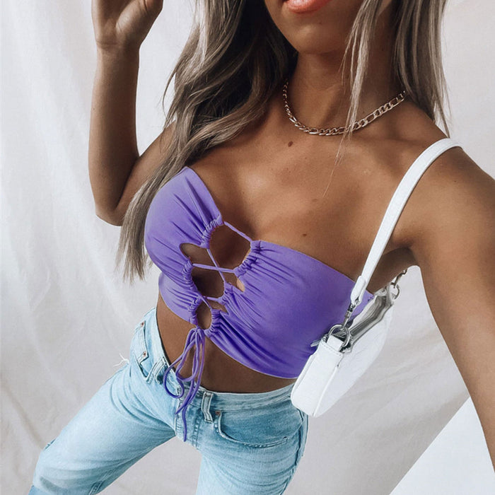 Color-purple-Summer Fashion Women Wear Chest-Wrapped Hollow-out Camisole Drawstring Two-Way Short Vest for Women-Fancey Boutique
