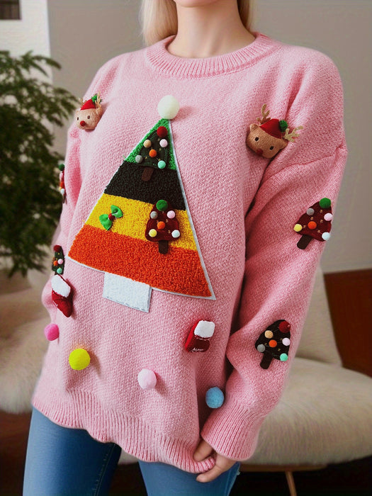 Color-Pink-Sweater Christmas Tree Jacquard Three Dimensional Decoration Sweaters Women Clothing Knitwear-Fancey Boutique