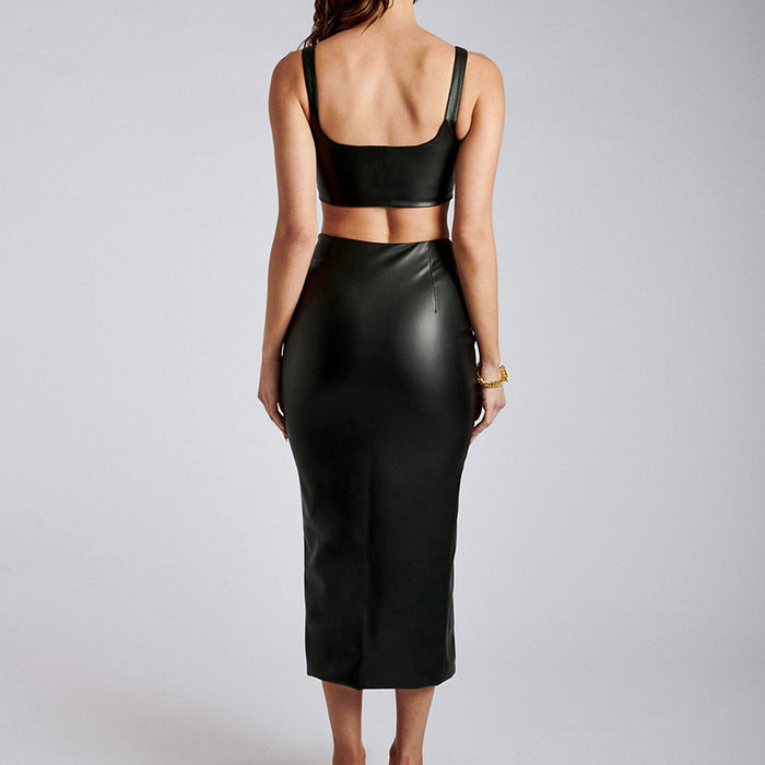 Color-Black-Summer Women Clothing Suspenders Faux Leather Vest Slim Fit Slit Skirt Set-Fancey Boutique