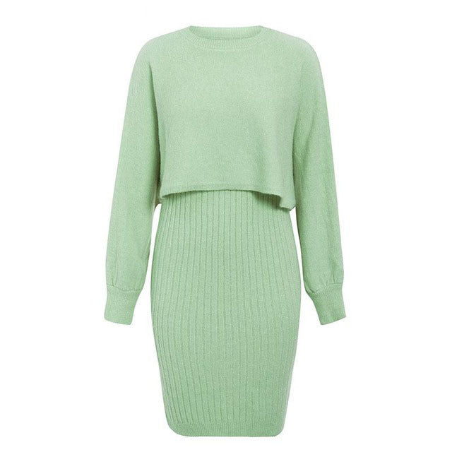 Color-Green-Sexy Knitted Dress Two Piece Set Autumn Winter Solid Color Long Sleeve Sweater Women-Fancey Boutique