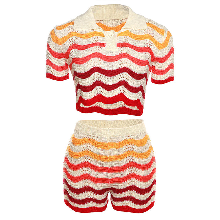 Color-Red-Summer Women Collection Polo Collar Wave Pattern Color Matching Knitted Tight Shorts sets-Fancey Boutique