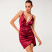 Color-Burgundy-Sexy V Neck Dress Multi Satin Slip Dress High Waist Dress Sheath Irregular Asymmetric Dress-Fancey Boutique