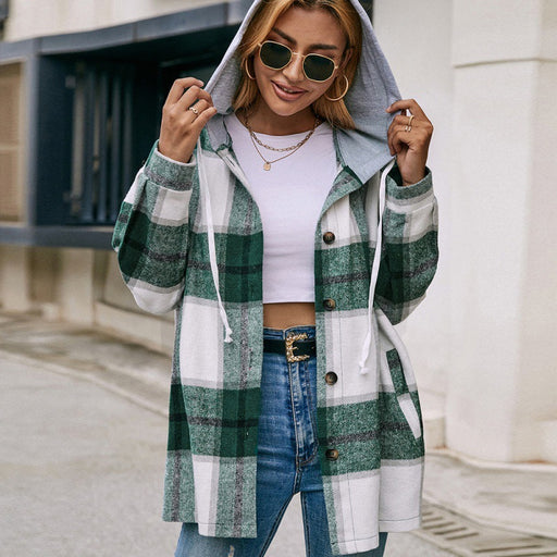 Color-Green-Plaid Shirt Hooded Loose Casual Shacket Jacket Outerwear-Fancey Boutique