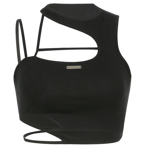 Color-Black-Spring Street Solid Color Asymmetric Sexy Hollow Out Cutout Short Vest for Women-Fancey Boutique