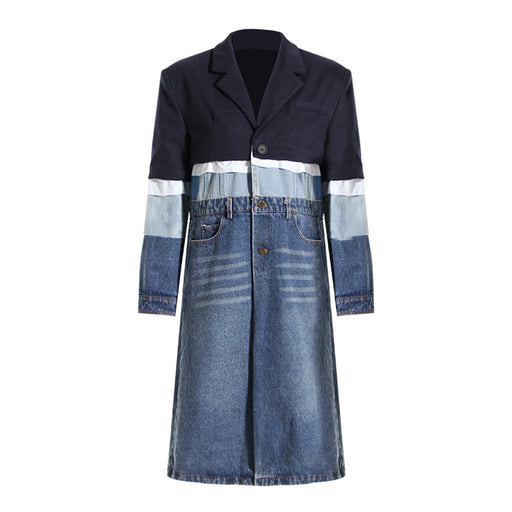 Color-Multi-Niche Design Denim Trench Coat for Women Autumn Winter Contrast Color Splicing Coat Women Mid Length Petite Coats Tide-Fancey Boutique