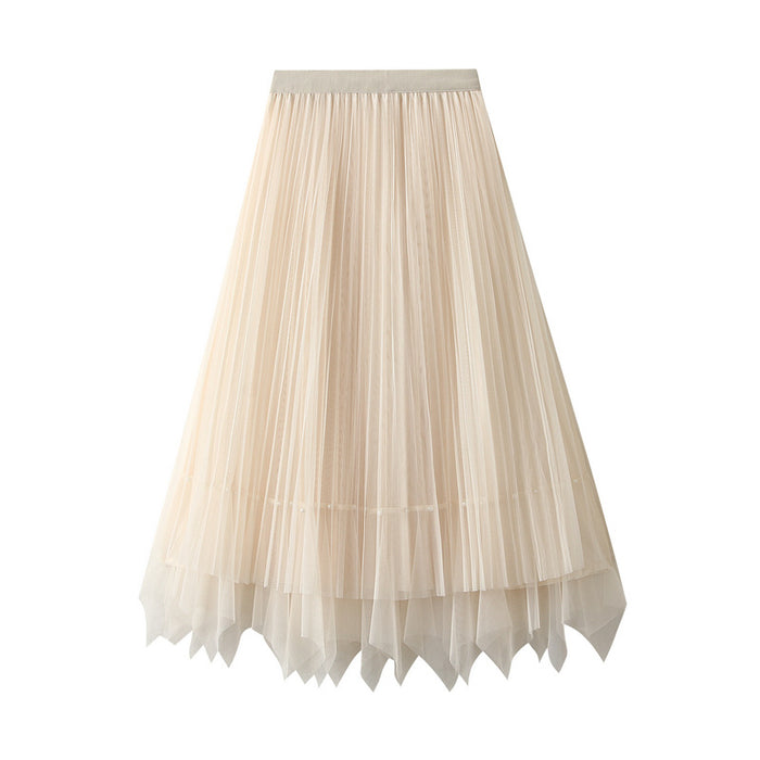 Color-Apricot-Women Two Sided Skirt Spring Mid Length High Waist Pleated Skirt Irregular Asymmetric Big Skirt-Fancey Boutique