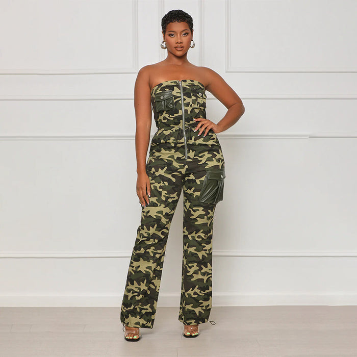 Color-Army Green-Women Sexy Nightclub Off Shoulder Tube Top Elastic Waist Zipper Camouflage Jumpsuit-Fancey Boutique