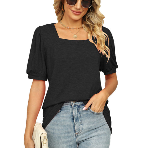 Spring Summer T shirt Solid Color Square Collar Pleated Short Sleeve Puff Sleeve Women-Black-Fancey Boutique