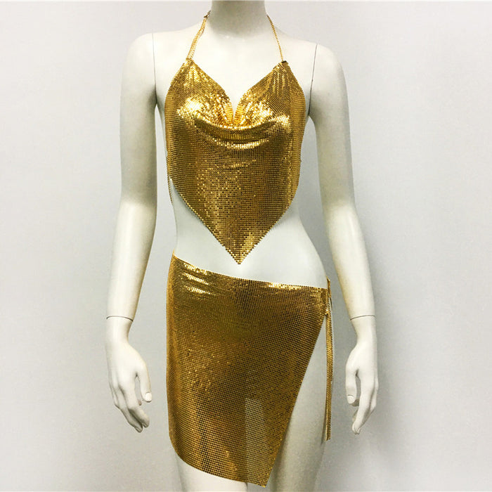 Color-Gold-Women Clothing Metal Sequ Sling Skirt Set Dress Sexy Metal Top Mini Skirt-Fancey Boutique
